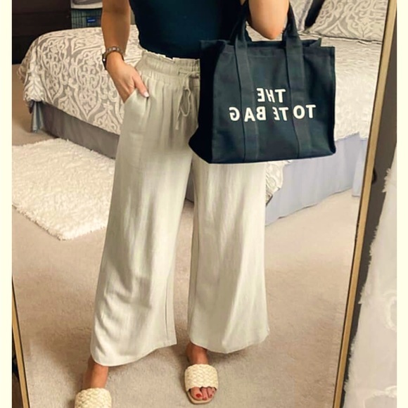 Linen Pants High Waist Drawstring Casual Wide Leg Capri Palazzo Pockets Coastal - Picture 8 of 9